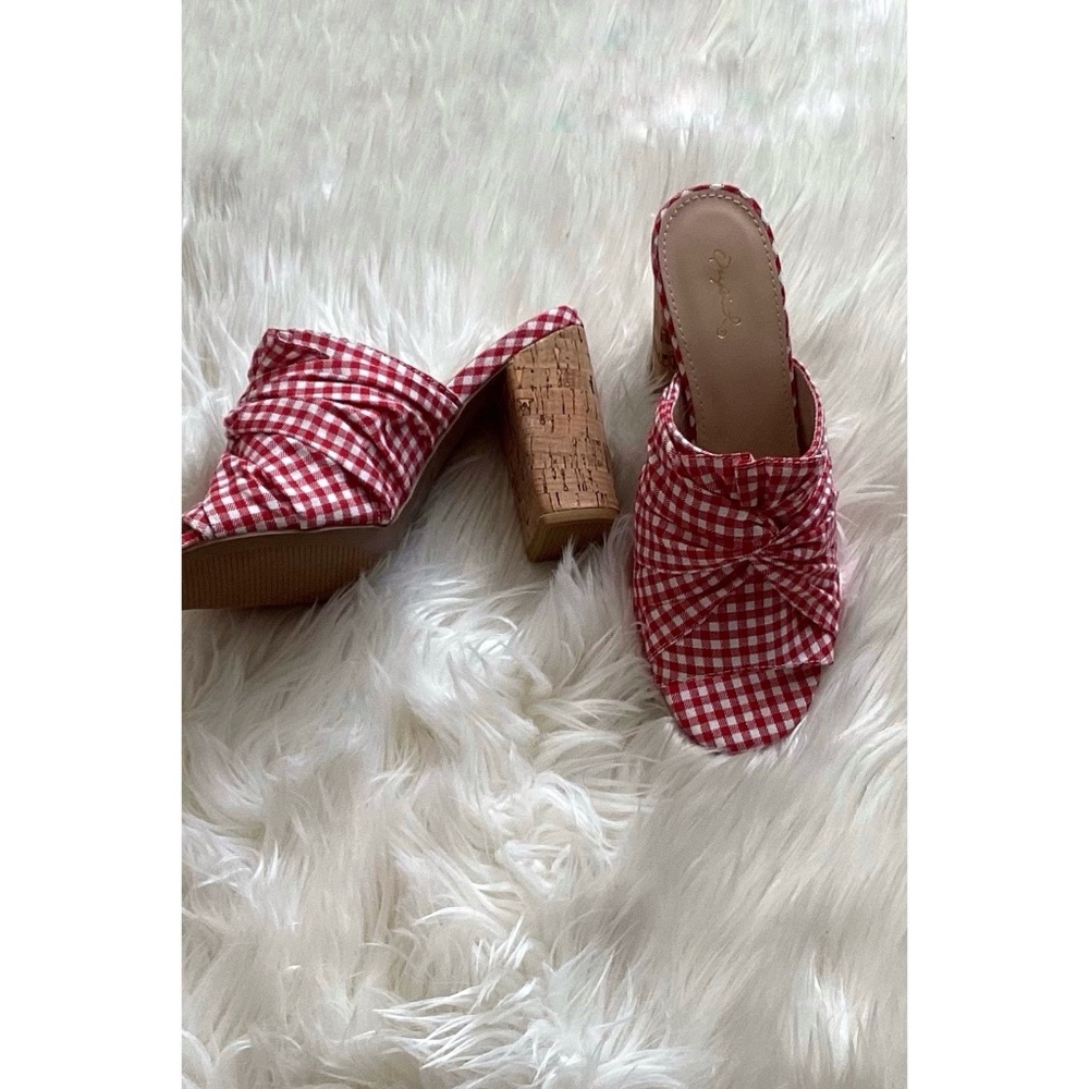 Qupid Red Gingham Open Toe Sandals | Checkered Slip On Block Heel Mules - Picture 4 of 7